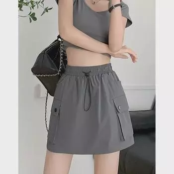 Women s Gray A-Line High Waist Quick-Dry Drawstring Skort for Summer Extra Large