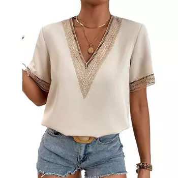 Женские гипюровые кружевные топы для женщин, блузки с V-образным вырезом и короткими рукавами, рубашки S белый