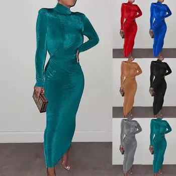 Женское однотонное длинное платье с длинными рукавами и плиссированной талией до середины шеи L чёрный