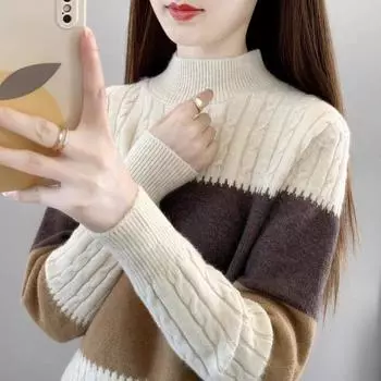 Женский свитер с полуворотом, осенне-зимний свободный вязаный свитер, топ, пуловер, вязаный джемпер, трикотаж в клетку с цветными блоками S абрикосовый