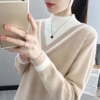 Женский свитер с полуворотом, свободный трикотажный свитер, топ, пуловер, вязаный джемпер, верхняя одежда, осень-зима S жёлтый