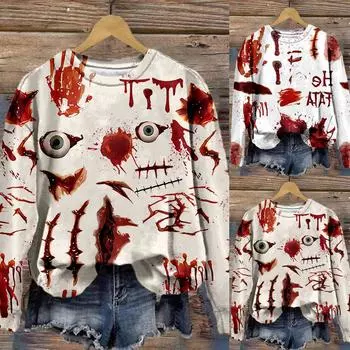 Женская хеллоуинская осень-зима, новая модная тенденция, толстовка с капюшоном, оригинальная вечеринка, кровавый принт, топ, пуловер для женщин, футболки S