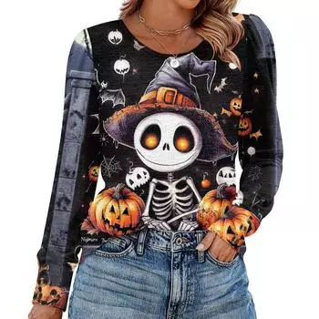 Women s Halloween Print Fashionable Long-sleeved Top L чёрный