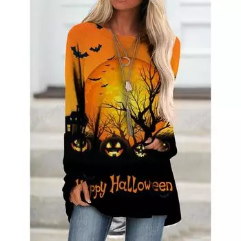 Women s Halloween T-shirt Long Sleeve 3d Pumpkin Print T-Shirt Women Fashion Casual Crew Neck Oversized Tops Tees Female Falls S