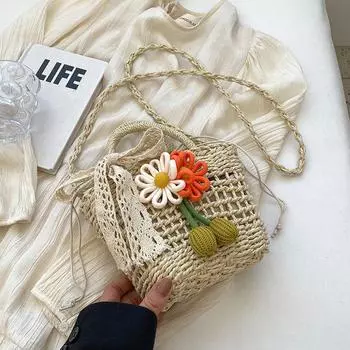 Women s Hand-Woven Niche Style Beach Crossbody Bag Rice White with Rose Red + ribbon scarf