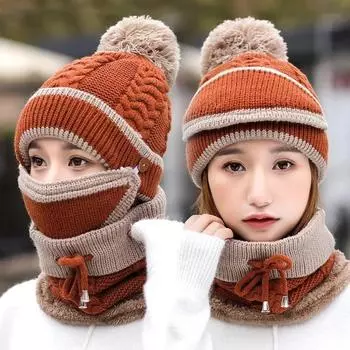 Женские шапки для зимы, универсальные, симпатичные, теплые, вязаные, хлопковые, комплекты шапок, осенние и зимние, наушники для велоспорта 3-piece set