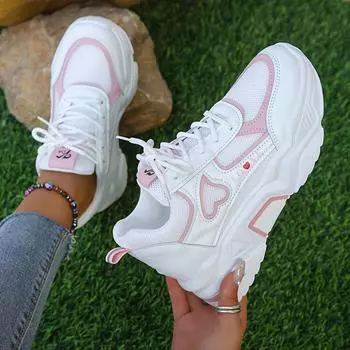 Women s Heart Patten Chunky Sneakers, Fashion Mesh Height Increasing Sports Shoes, Breathable Casual Outdoor Shoes 36