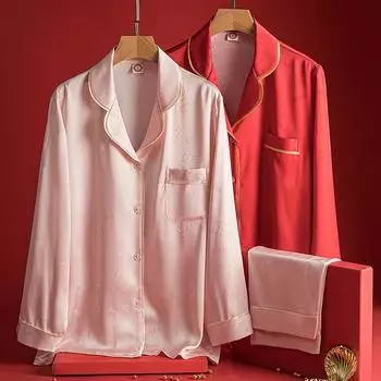 Женский высококачественный пижамный комплект на весну и осень из шелка с длинными рукавами, домашняя одежда из 2 предметов, тонкая домашняя одежда с рисунком медведя из мультфильма M