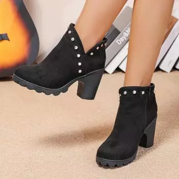 Women s High Heel Boots New Chunky Heel Ankle Boots for Women Heeled Outdoor Casual Dress Women s Boots Ankle 35 чёрный