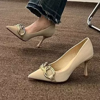 Women s High Heel Pointed Toe 2024 Hot Sale Summer New Fashion Metal Slender Heel Design Ladies Dress Shoes Zapatos De Mujer 34 чёрный