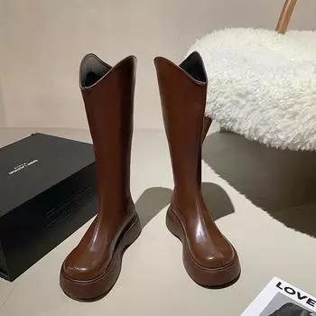 Женские сапоги на высоком каблуке с длинными трубами, осень/зима, новый стиль, толстая основа, грубые сапоги для езды на велосипеде с V-образным вырезом, стройнящие, коричневые 35