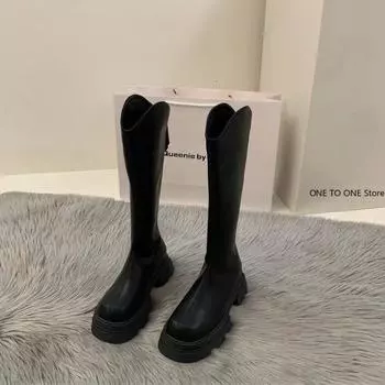 Women s High-heeled Long-tube Boots Autumn/winter New Style Thick Base Crude Barrel V-mouth Rider Boots Slimming Brown 35 чёрный