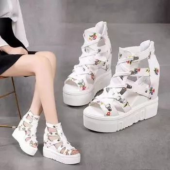 Women s High-heeled Sandals 2024 Summer New Thick-bottomed Wedge Hollow Fish Mouth Roman Style Casual Zipper Platform Shoe 34 чёрный