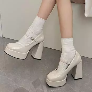 Women s High Heels 2024 Summer New Style Fashion Buckle Design Elegant Solid Color Patent Leather Mary Jane Shoes Mujer Zapatos 34 бежевый