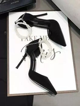 Женские туфли на высоком каблуке Модные туфли с неглубоким носком Черные сексуальные туфли с острым носком с бантом Элегантные удобные женские туфли-лодочки Zapatos 2024 новые 34