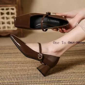 Women s High Heels Retro Mary Jane Leather Shoes a Single Strap Spring Autumn Square Toe Thick Heels Female Pumps Dance Shoes 34 чёрный