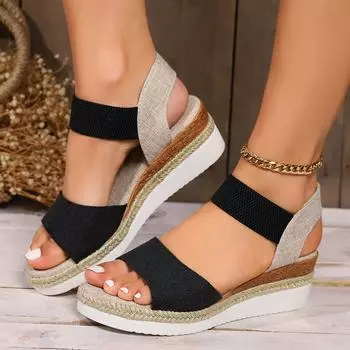 Женские босоножки на высоком каблуке 2025 года, летние гладиаторские сандалии на толстой платформе, женские повседневные пляжные туфли с ремешками на щиколотке для отдыха 35 чёрный