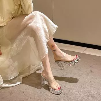 Women s High Heels Sandals Summer New Transparent Crystal Thick Heel Outdoor Casual Banquet Fashion Slippers Zapatillas Mujer 34 серебряный