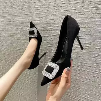Women s High Heels Summer New Pointy Rhindiamonds Shallow Cut Wedding Shoes Fashion Temperament Stiletto Heels Party Shoes 34 чёрный