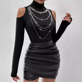 Женская футболка с высоким воротом, без бретелек, со стразами и открытой внутренней частью S чёрный