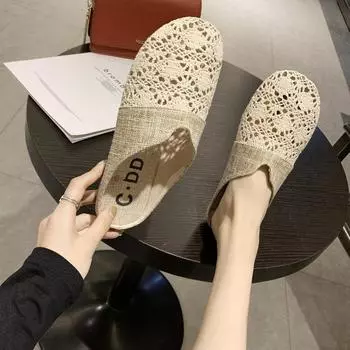 Women s High Quality Flat Hollow Slipper Summer Outdoor Air Sandals 2024 New Fashion Low Heel Flat Lazy Shoes Zapatos Mujer 41 35 чёрный