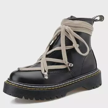 Women s High-Top Cross-Strap Leather Boots with Side Zippers and Height-Enhancing Round Toes EU 41 чёрный