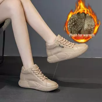 Women s High-Top Soft Leather Casual Shoes - Spring/Autumn 2025, Thick-Soled, White Genuine Leather 39