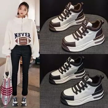Women s High-Top White Leather Sneakers - 2024 Autumn, Thick-Soled, Lace-Up, Color-Blocked, Height-Enhancing Casual Shoes 37
