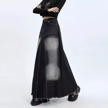 Women s High-Waist A-Line Denim Skirt - Spring 2024 Retro Blue-Gray Midi Skirt M сине серый