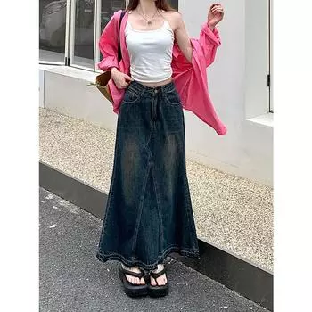 Women s High-Waist A-Line Denim Skirt - Retro Raw Edge, Slim Fit, Mid-Length, Autumn Design M