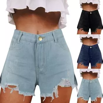 Женские джинсовые шорты с рваной бахромой и высокой талией L чёрный