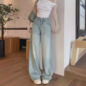 Women s High-Waist Washed Wide-Leg Denim Trousers for Summer Medium синий