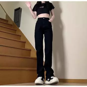 Women s High-Waist Wide-Leg Jeans - Spring/Autumn 2024: Slimming, Loose, Straight, Floor-Length Pants 2X Large чёрный