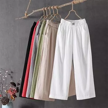 Women s High-Waisted Slim and Versatile Wide-Leg Cotton Linen Pants - Loose Fit, Large Size, Nine-Point Casual Style 2XL 125–135 lbs