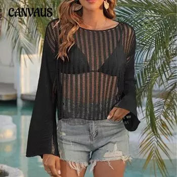 Women s Hollow Woven Short Loose Flared Sleeve Beach Smock Top One Size чёрный