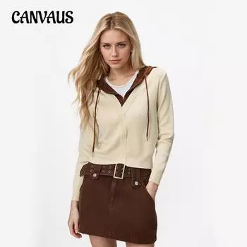 Women s Hooded Knit Long Sleeve Slim Solid Colour Splicing Bottom Shirt Top One Size абрикосовый