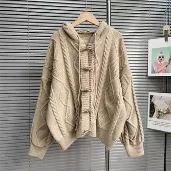 Women s Hooded Knitted Sweater Jacket Autumn College Style Horn Buckle Japanese Sweater Jacket One size