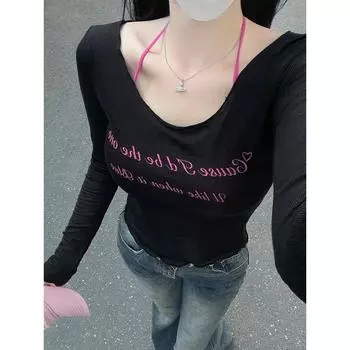 Women s Hot Long Sleeves Wear Silm Niche Top Black Tops [Universal Edition]] S