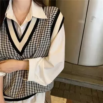 Women s Houndstooth V-Neck Plaid Sweater Vest - Layered, Sleeveless, Loose Fit for 2025 Slim Short