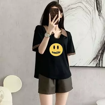 Women s Ice Silk Summer Fashion Style Collared Short Sleeve T-shirt Black 814-34 3XL