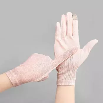 Women s Ice Silk Sun-Proof Spring and Autumn Elastic Sun-Proof Gloves Ice silk plate-light powder One size