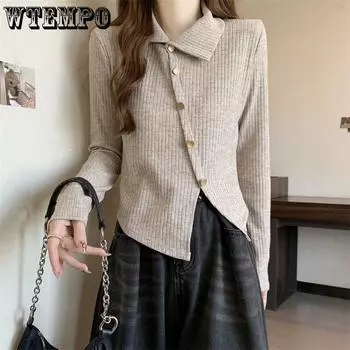 Women s Irregular Knitted Sweater Base Shirt for Autumn and Winter Lapel Long Sleeved Top L абрикосовый