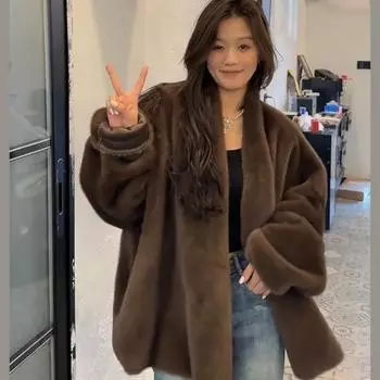 Женская куртка, свободное повседневное однотонное пальто, женское плюшевое пальто с V-образным вырезом, женская верхняя одежда, осень-зима L коричневый