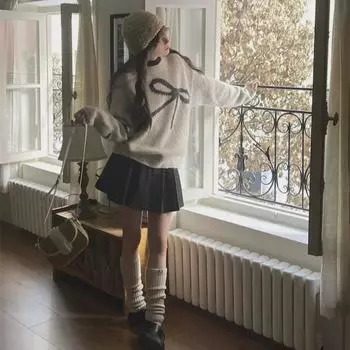 Women s Japanese Style Loose Fit Contrast Color Long Sleeve Sweater One Size