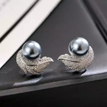 Women s Jewelry Rhinestone Stud Earring Delicate Feather Pearl Earring Trendy Gifts серый