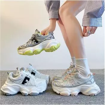 Women s Jogging Sneakers With Platform Woman Hikking shoes Tennis Female Thick Sole Trainers PU Riband Summer Microfiber Fabric 35