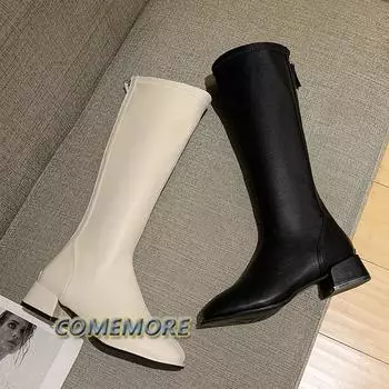 Женские сапоги до колена, женские кожаные рыцарские сапоги, женские на высоком каблуке, белые, осенние, повседневные туфли, модные, с круглым носком, белые, черные 35 бежевый