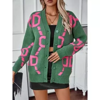 Women s Knitted Cardigan Autumn and Winter Towel Embroidered Single-breasted V-neck Loose Color-block Sweater S розовый