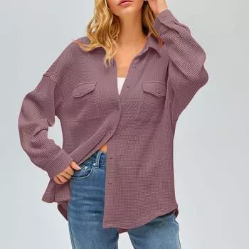 Women s Knitted Double Pocket Shirt Solid Color Casual Loose Long Sleeved Shirt Top S чёрный