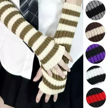 Women s Knitted Fingerless Arm Sleeves Gothic Style Striped Winter Long Arm Warmers Girls Fashion Wrist Gloves чёрный/белый